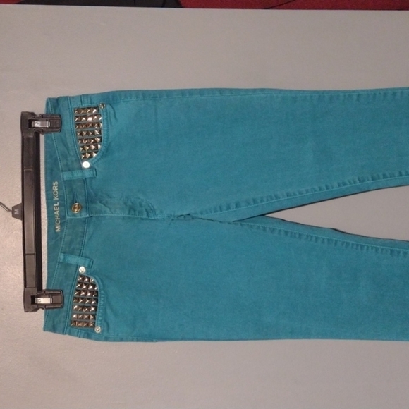 Studded turquoise/aqua/teal Michael Kors skinny jeans with gold studs size 0 - Picture 1 of 14
